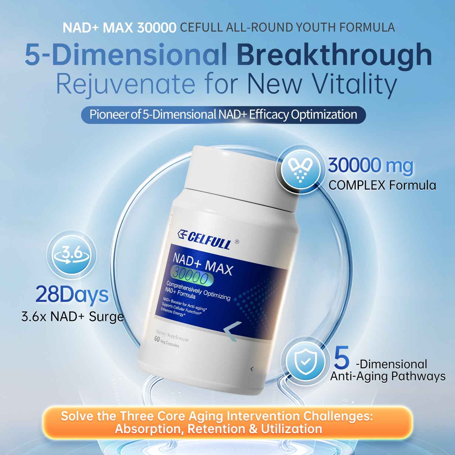 CELFULL NAD+ MAX 30000 NAD+ Supplement for Immune Support Anti-Aging Boost Brain Cognition & Chronic Fatigue Supplements