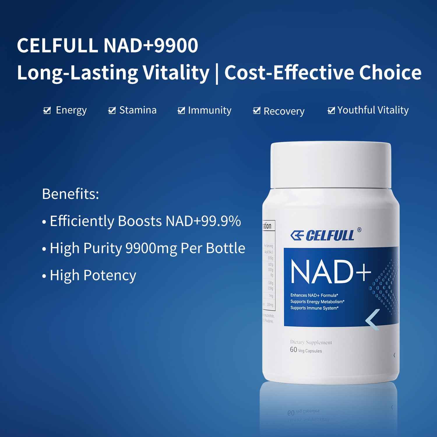 CELFULL NAD+ 9900 NAD+ Supplement for Immune Support Anti-Aging Boost Brain Cognition & Chronic Fatigue Supplements